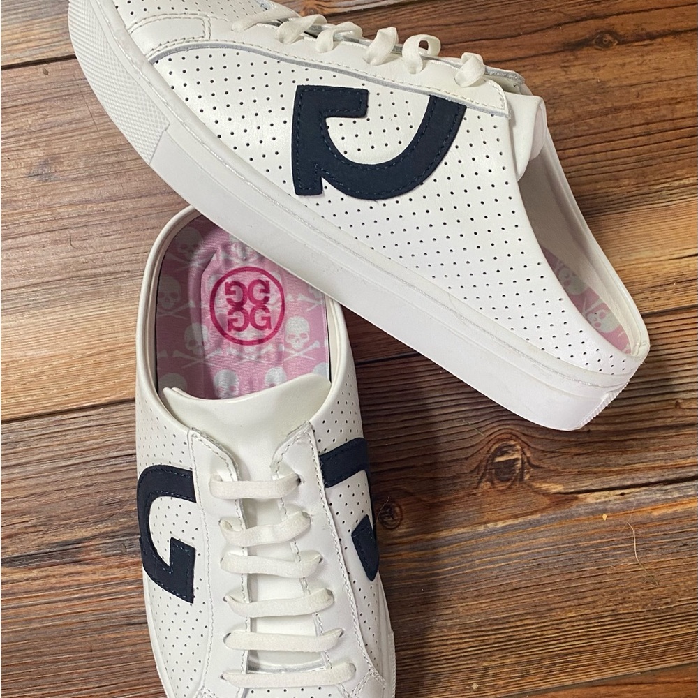 G/FORE White Leather Sneakers with Black Accents and Pink Insole - Picture 3 of 5